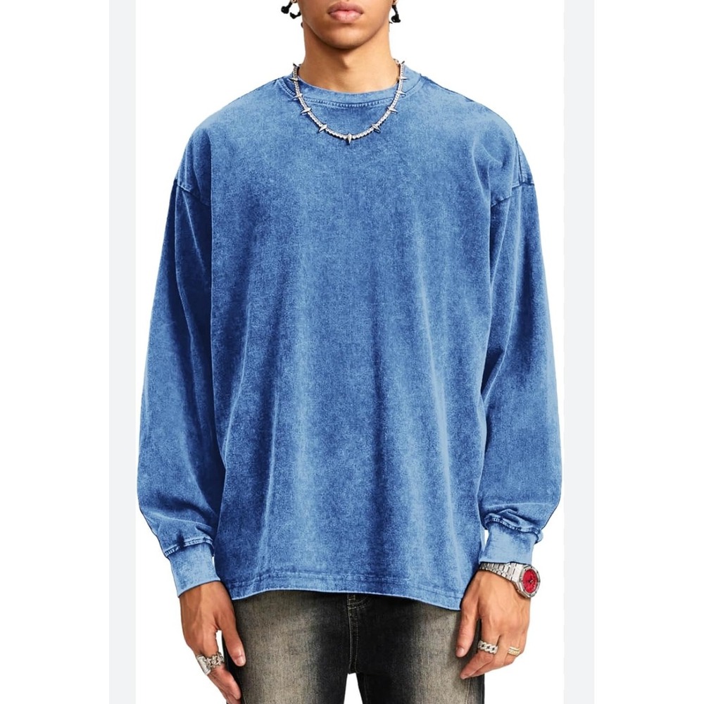 New Vamtac Mens Vintage Washed Long Sleeve Crewneck Sweatshirt Top Blue Size S‎